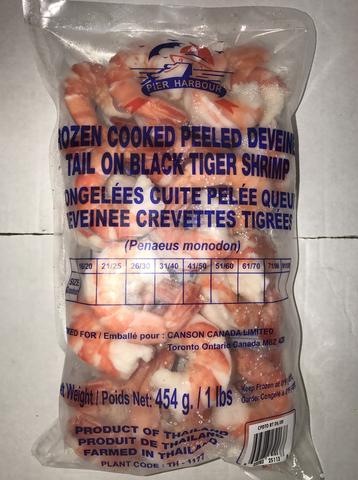 BLACK TIGER SHRIMP COOKED PEELED (TAIL-ON) - THAILAND - PIER HARBOUR BRAND